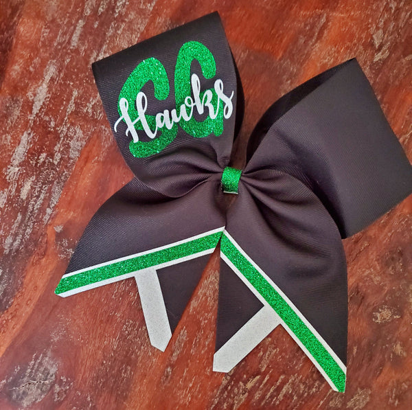 Green and White Full Glitter Cheer Bow With Chevron Tail